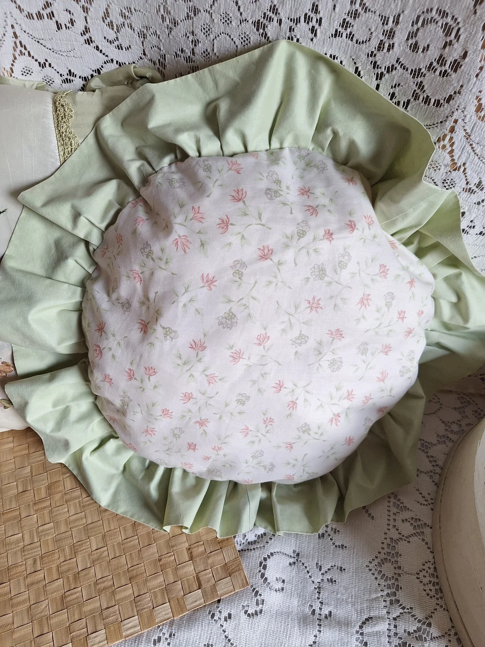 Embroidered Rose Basket Accent Pillow in Pink and Cream
